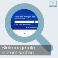 Produktbild für den Online-Bewerbungskurs "Stellenangebote suchen für die Industrie“ mit einer Grafik, die eine Lupe vor einer Jobbörse zeigt