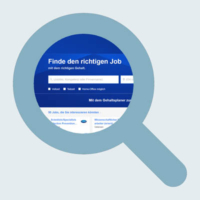 Grafik mit einer Lupe über einem Jobsuchportal. Symbolbild für das Modul „Stellensuche" im Karriereprogramm für Wissenschaftler